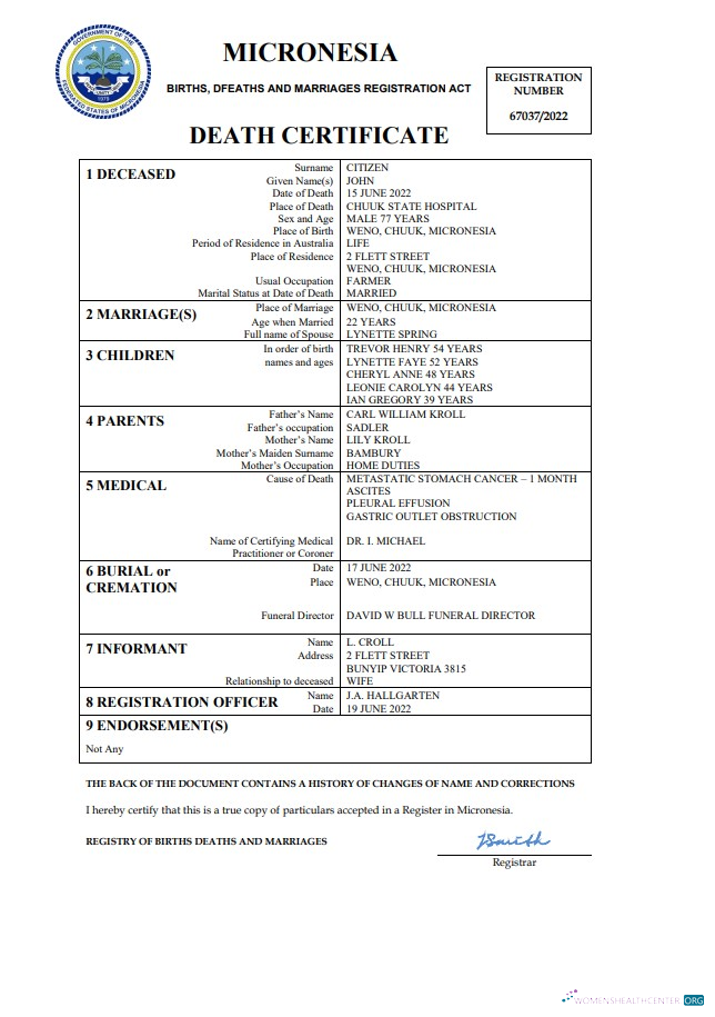 Download Micronesia vital record death certificate Word and PDF template Photoshop template